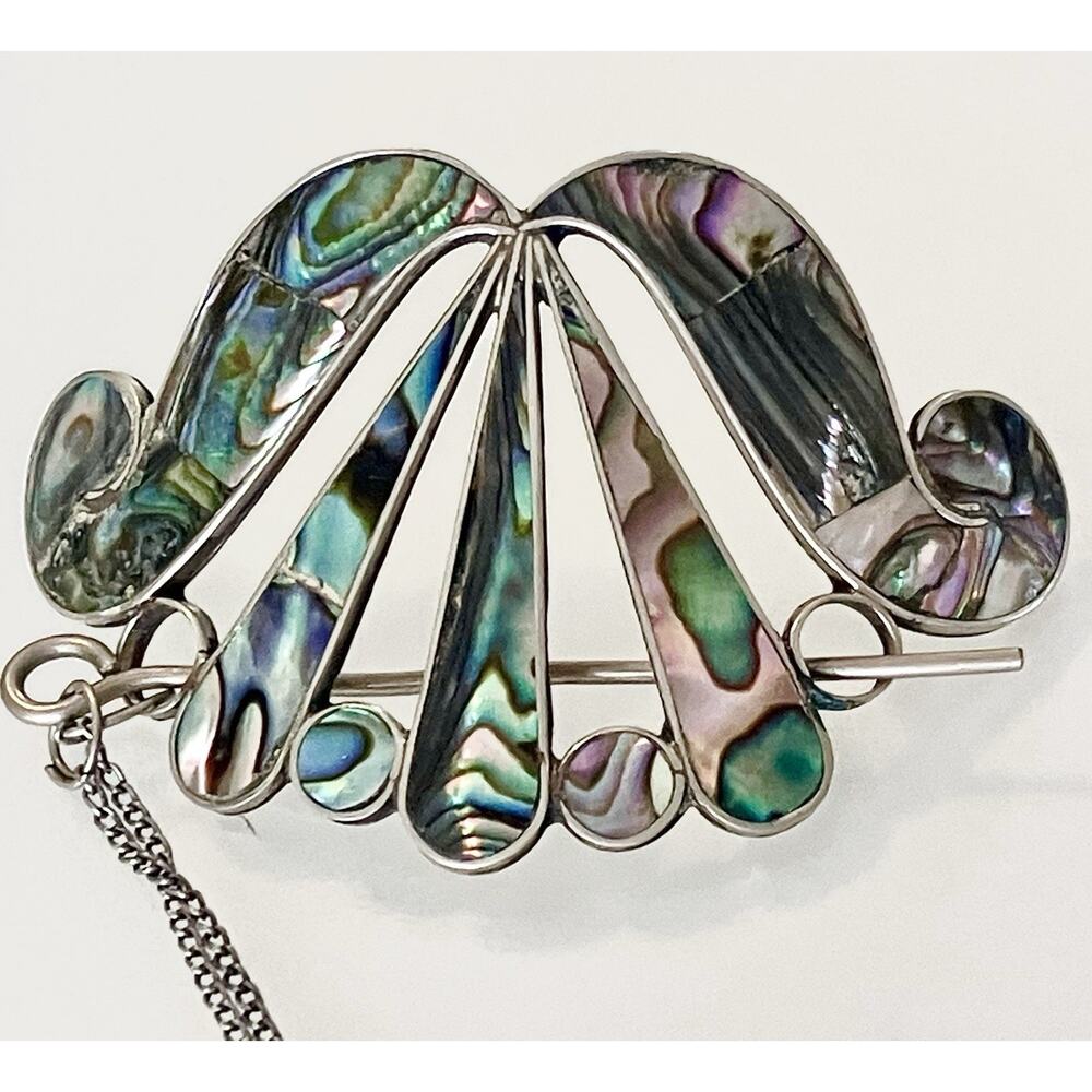 Vintage Abalone Inlay Silver Hair Clip Alpaca Mexico Deco Nouveau Pin Barrette